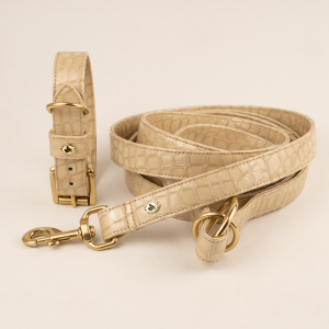 Luxus Set Halsband + Leine Leder C’est Croco Crème