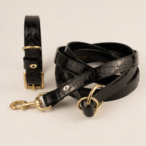 Luxus Set Halsband + Leine Leder C’est Croco Noir